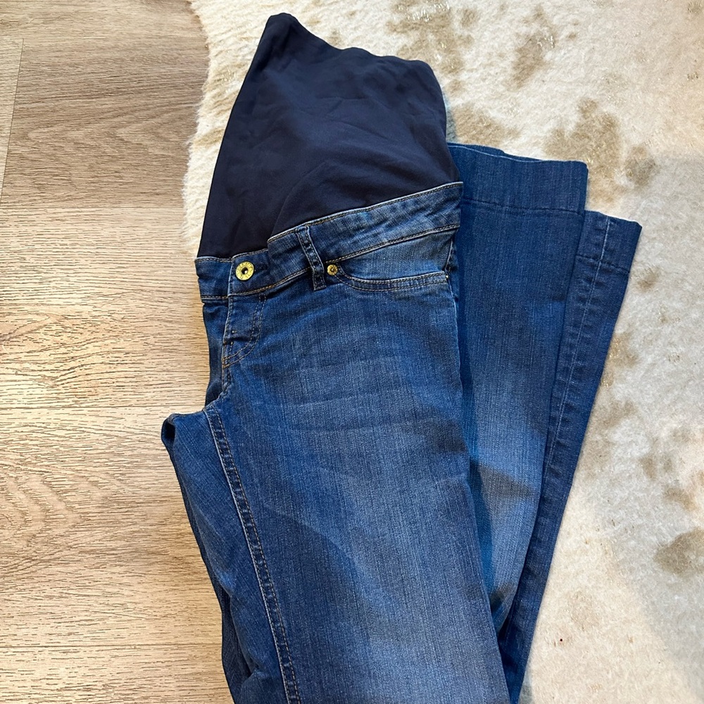 H&M Maternity Wide Leg Flare Jeans in Dark Blue with Navy Panel